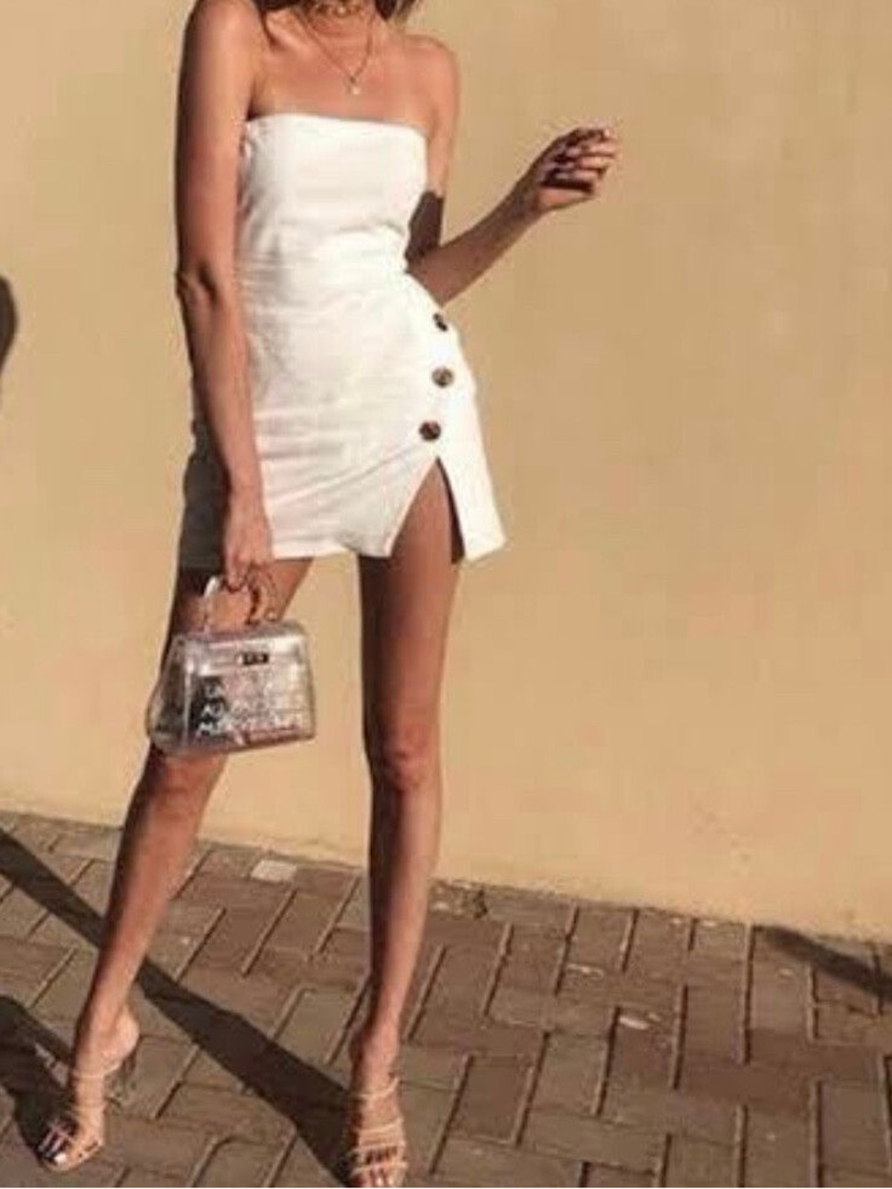 Bec& Bridge Strapless beige Mini Dress with Side Button Detail